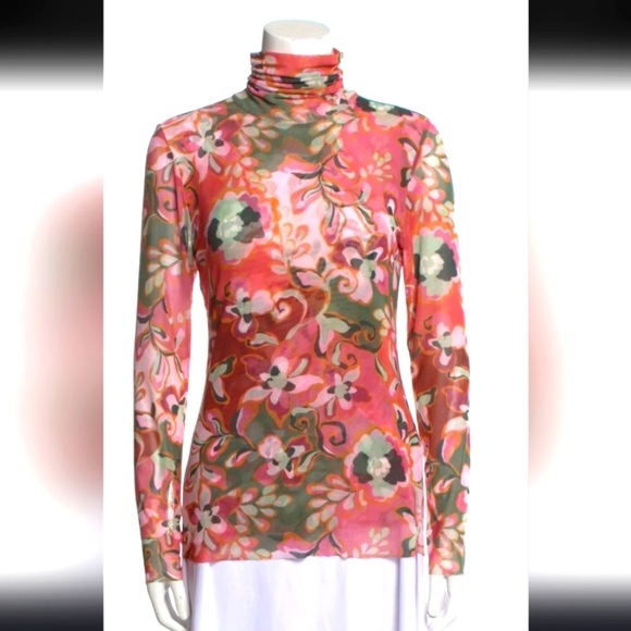 Misa Los Angeles Nadja Pink Floral Mesh Fitted Turtleneck Long Sleeve Blouse - Picture 4 of 12